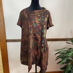 Brown Asian Y2K Tunic Shirt Dress Floral Cottage Asymmetrical Fairy Festival XL